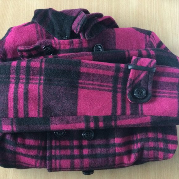 Women's short coat jacket hooded double line buttons red and black grid size M - Picture 3 of 4